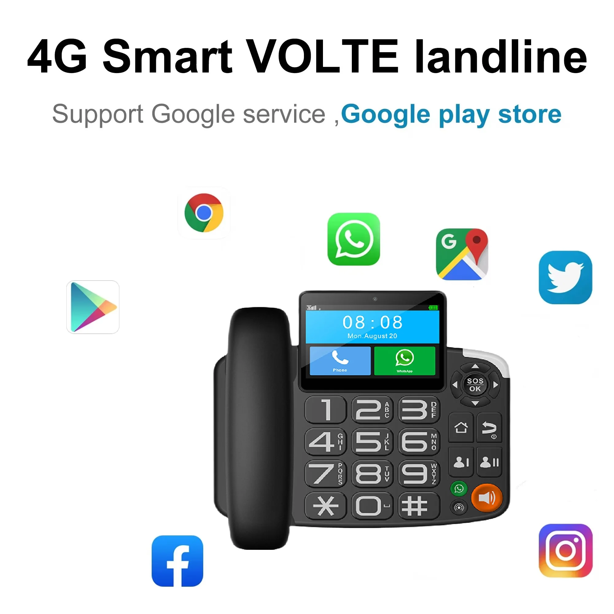 Cordless SIM Card Phone with 4G Network and Radio Alarm Google play for home office