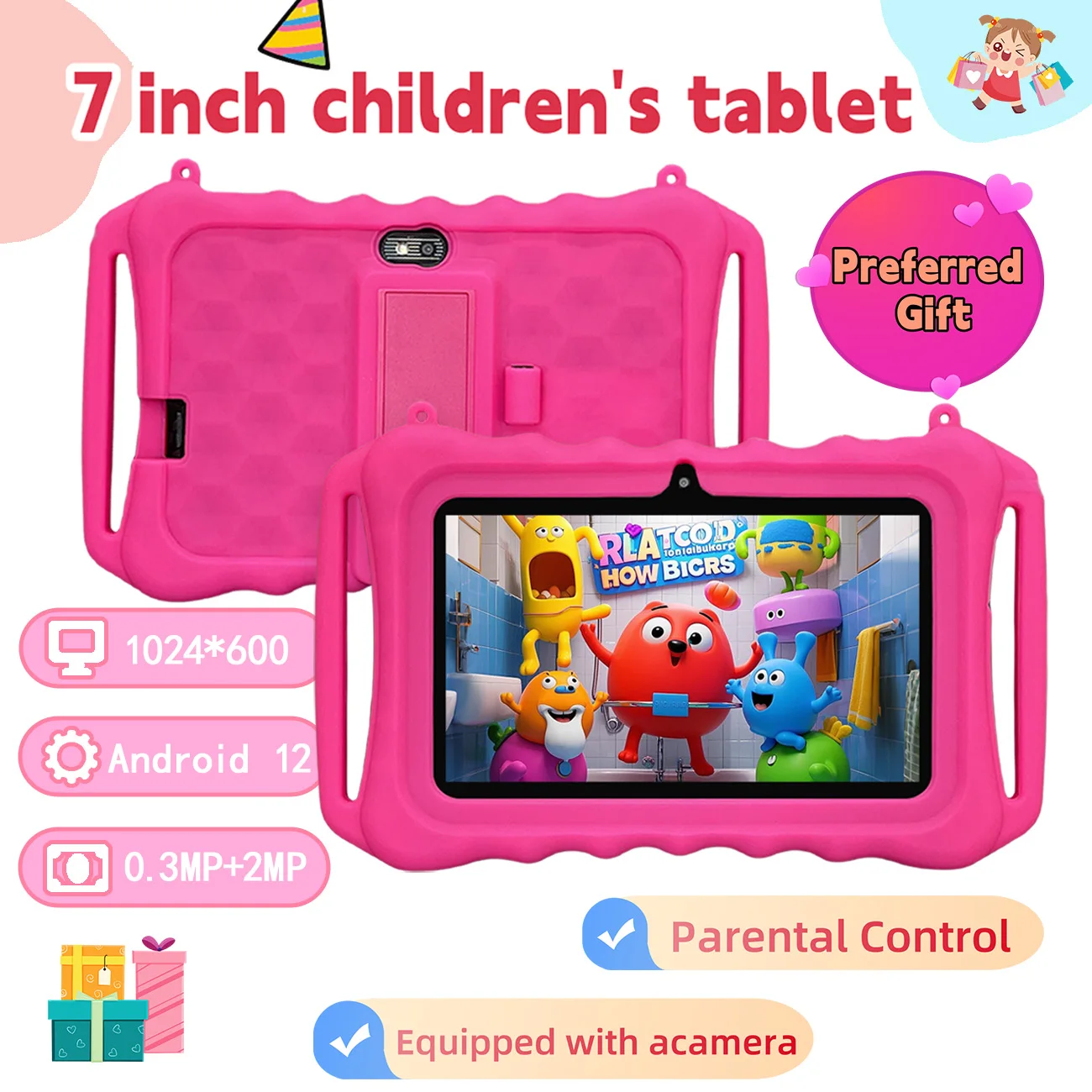 Tablet infantil de 7 polegadas com estojo à prova de choque com controle de pais, câmeras duplas, presentes infantis para o Natal e aniversário