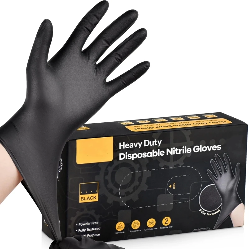 20/100PCS Black Disposable Nitrile Gloves 4Mil Latex & Powder Free Textured Gloves Industrial Grade Mechanic Auto Tattoo Gloves