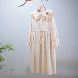 Spring Autumn Japanese Style Mori Sweet girl solid Cotton Embroidered Dress Women Long Sleeve Midi Dress