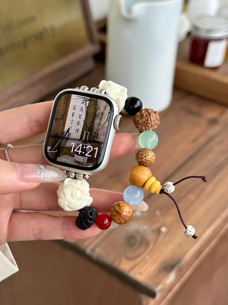 Modern Style Wood Resin Beaded Bracelet For Apple Watch 9 8 7 SE 6 5 4 Stylish Women Strap For iWatch 41mm 40mm 44 45 49mm Band