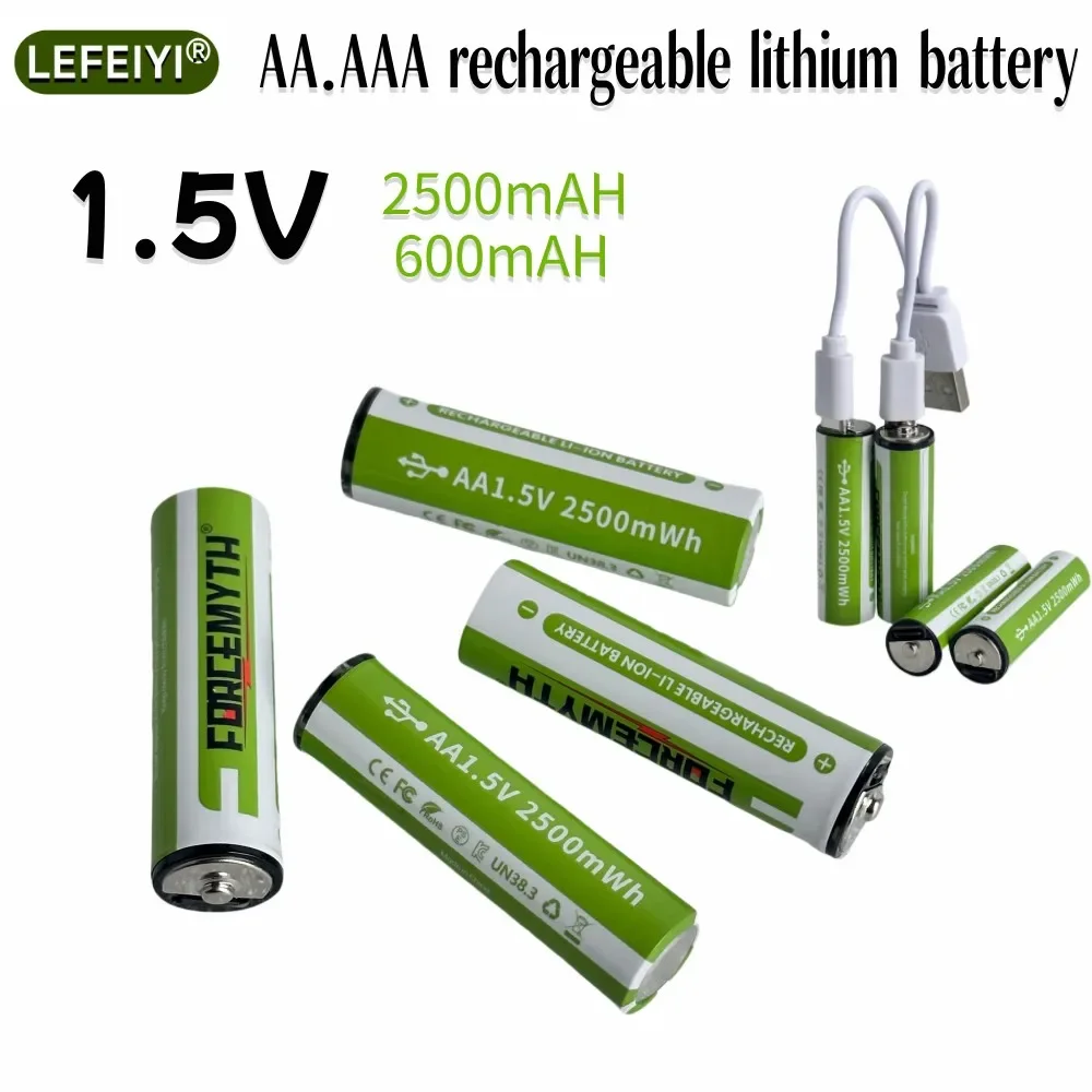 Rechargeable Li-ion Battery AA  AAA 1.5V 2500mAh / Type-C Cable Included / Pinky Battery