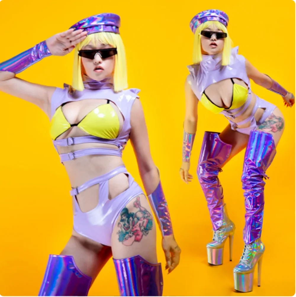 Erwachsene Jazz Dancewear Rave Festival Outfit Nachtclub Sexy Pu Leder Gogo Tanzen Kleidung Mädchen Gruppe Tänzerin Bühne Kostüm