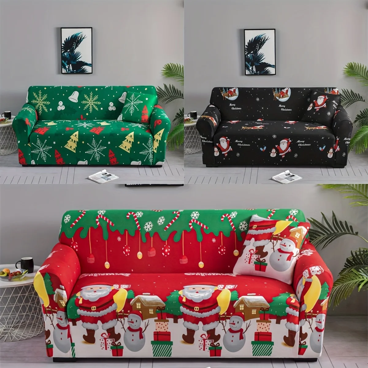 Christmas Santa Claus 1-Piece Sofa Cover,Living Room Stretch Spandex Sofa Protective Cover, Chaise Lounge Set, L-Shaped Recliner