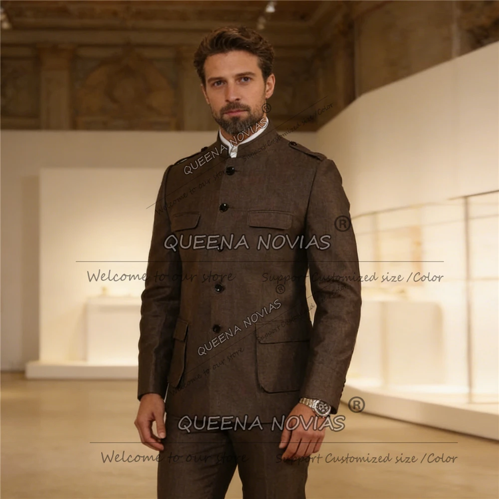 Classic Brown Suits Men Safari Style Jacket Pants 2 Piece Sets Groom Formal Wear Blazer Customized Groom Tuxedos Costumes Hommes - view 3
