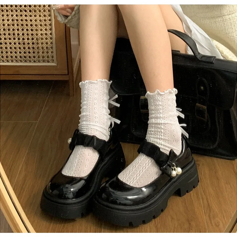 

Black French-style High-heeled Mary Jane Women's Small Leather Shoes,2026Spring New Style,Round Toe,Pearl Thick Heel,Single Shoe