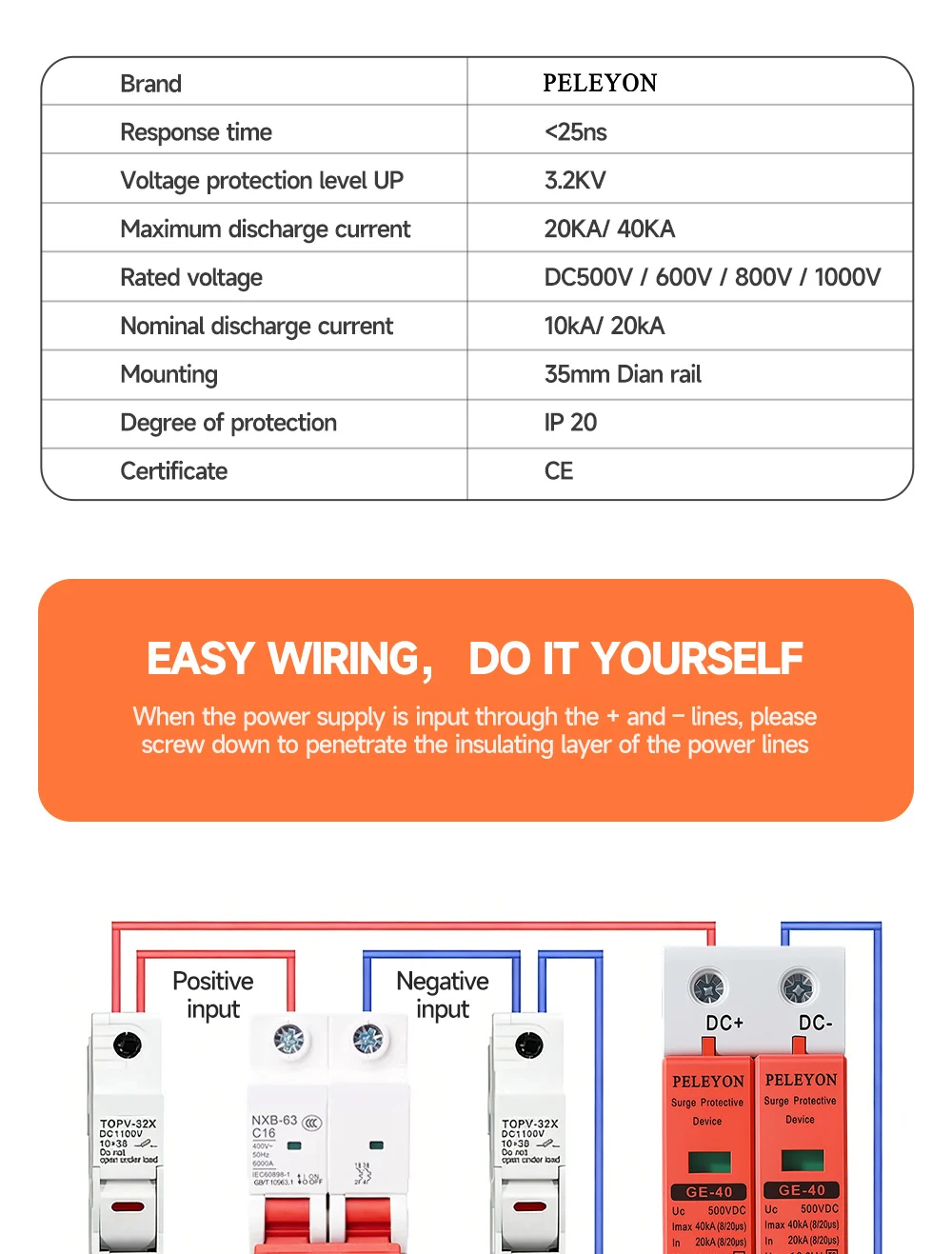 PELEYON 1 Stück DC 500/600V 10KA~20KA SPD DC 800/1000V 20KA~40KA Roter Überspannungsschutz für Häuser, Niederspannungs-Ableitergerät – Detail 8