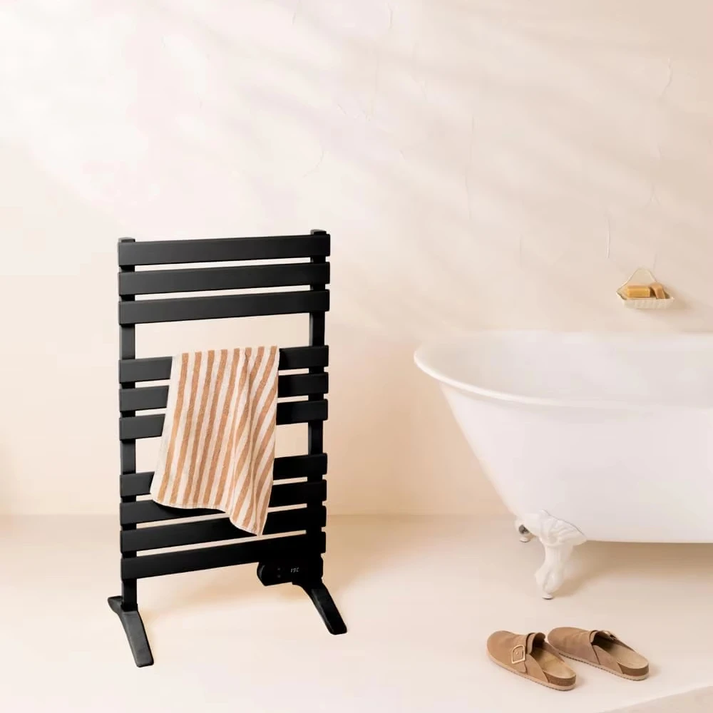 

Best Wall Mounted Or Floor Standing Towel Warmers With Feet Or Brackets For Bathroom Black Color