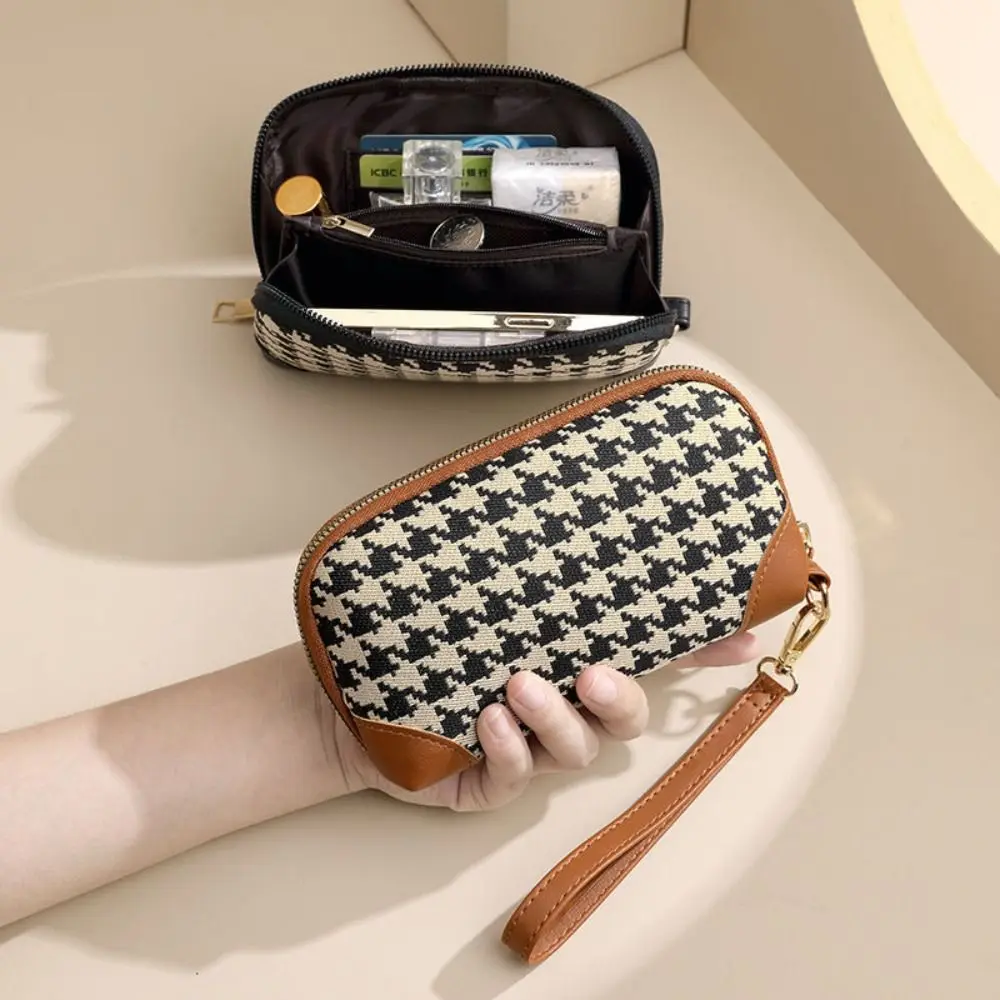 Fashion Pu Leather Long Style Wallet Canvas Car Key Bag Houndstooth Zipper Purse Handbag Card Holder Square Change Purse Travel