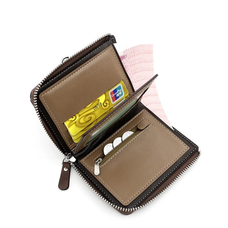 Cartera informal corta para hombre y mujer, tarjetero de cuero PU, monedero pequeño con cremallera, bolso de mano de negocios de excelente calidad