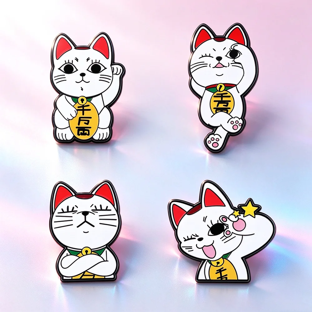 4Pcs Dandadan Maneki Neko Lucky Cat Metal Lapel Brooches, Badges for Backpack Collectible Pin Jewelry Gift for Friends