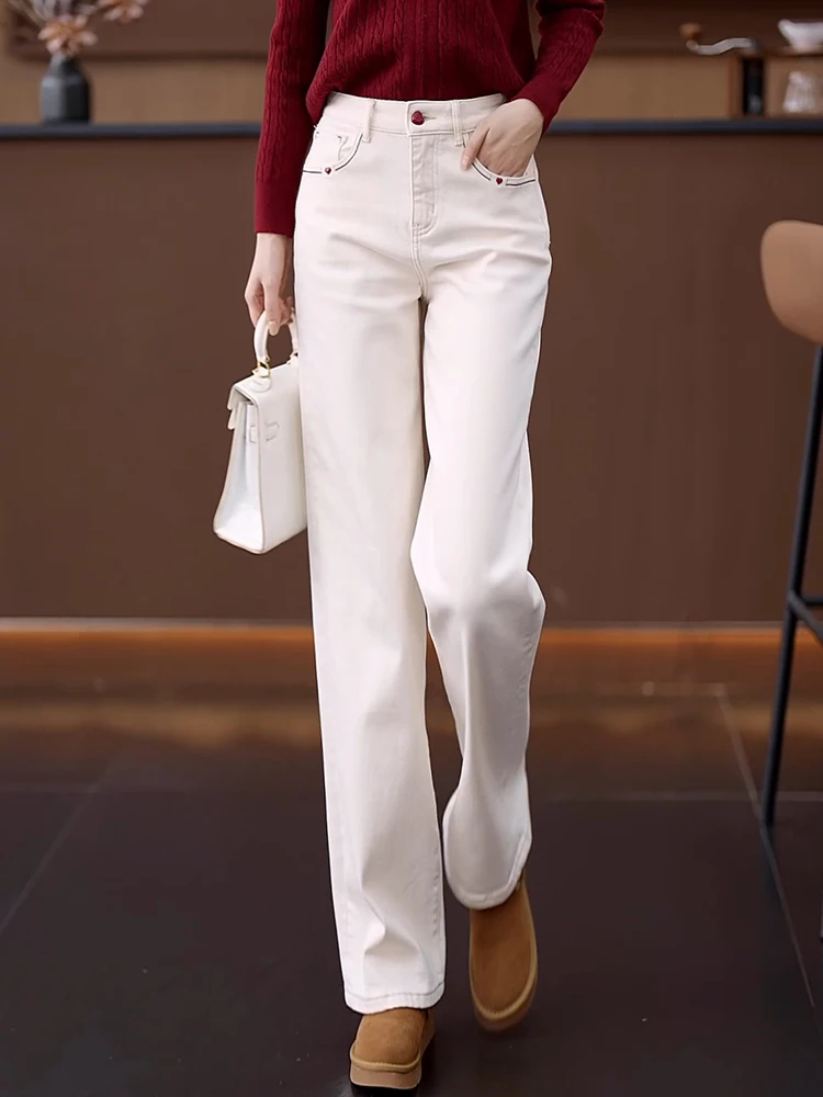 

High Waist Flared Jeans Women's Autumn Winter New Style Slimming Embroidered Fleece Casual Straight Leg Jeans in Beige
