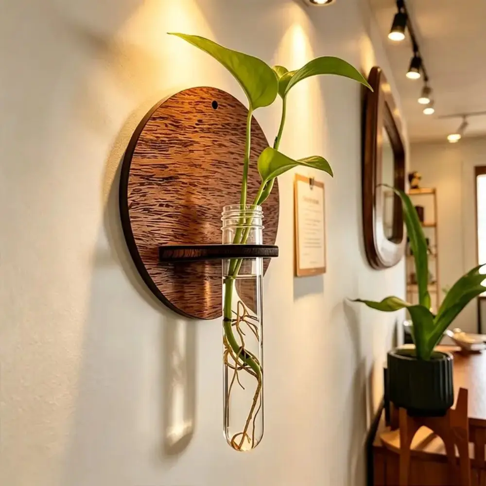 Minimalist Wooden Hydroponic Planter Shelf Home Ornaments Vase Planter Holder Round Retro Flower Pot Indoor Garden