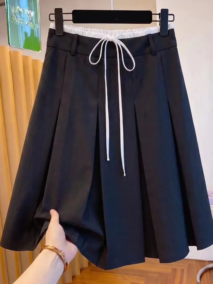 High Waist Puffy Half-length Skirt with Bowknot Color Block Design for Women Casual Style Slimming A-Line Black Dress