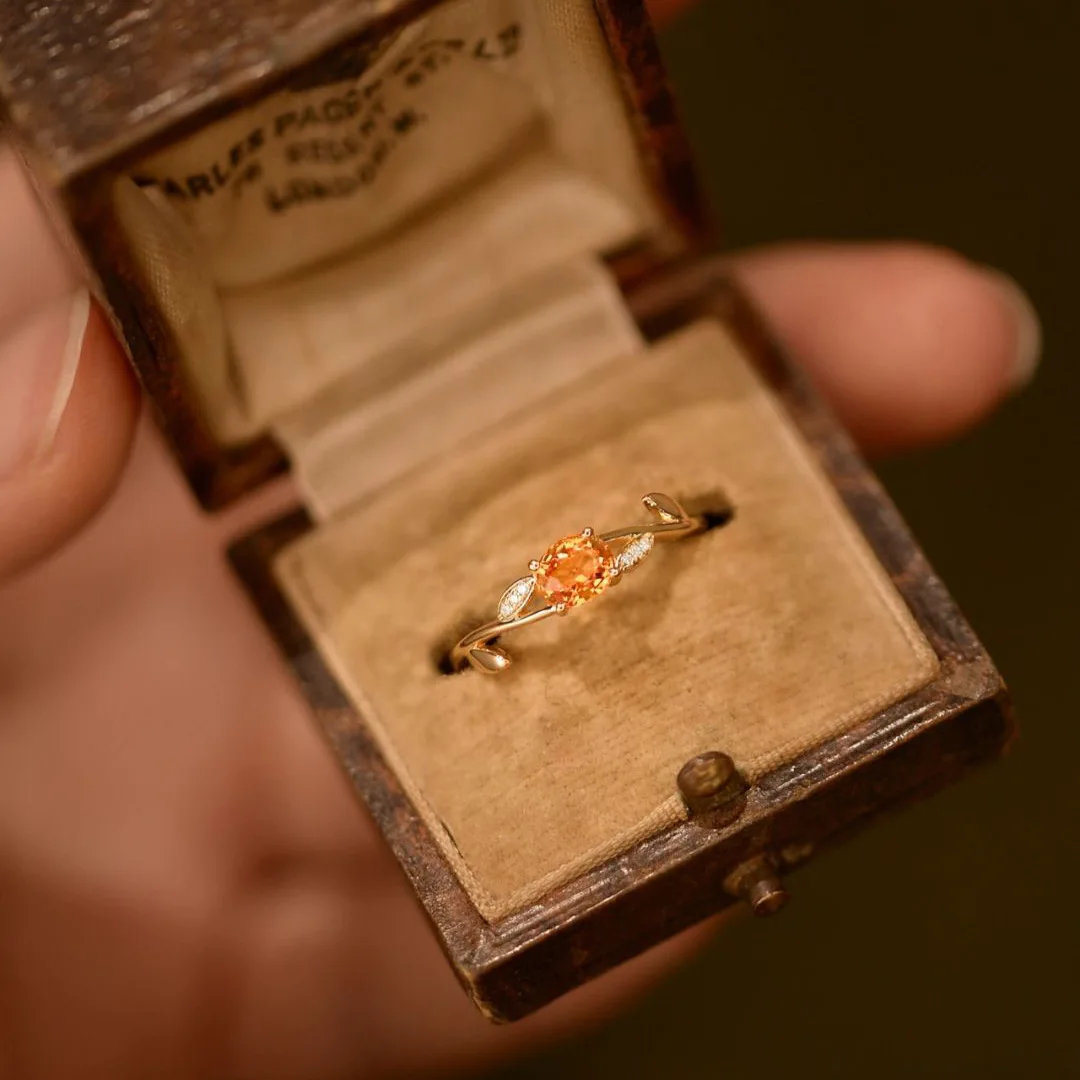 Oval Orange gemstone Tree Branch and Leaf rings for women Adjustable Opening New in Single Diamond Design ring Party Jewelry ﻿