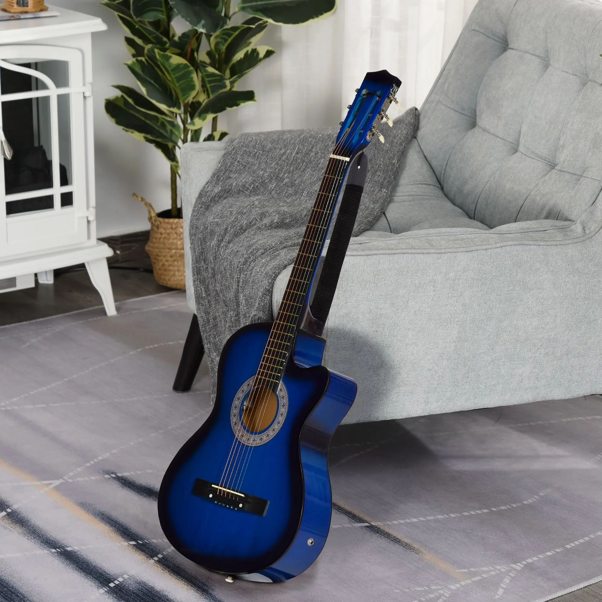 HOMCOM Guitarra eléctrica acústica clásica azul de tamaño completo de 38 pulgadas Guitarra para niños y guitarra junior Acabado brillante premium con estuche
