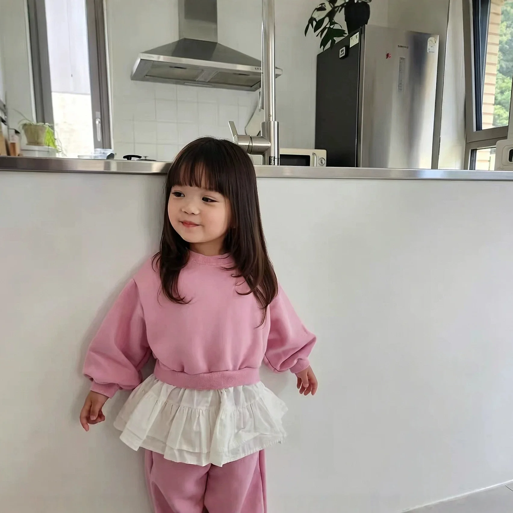 Korean Autumn Girl Baby Pure Cotton Soft Cute Lace Topsand Elastic Waist Wide Leg Pants Two Price Sets