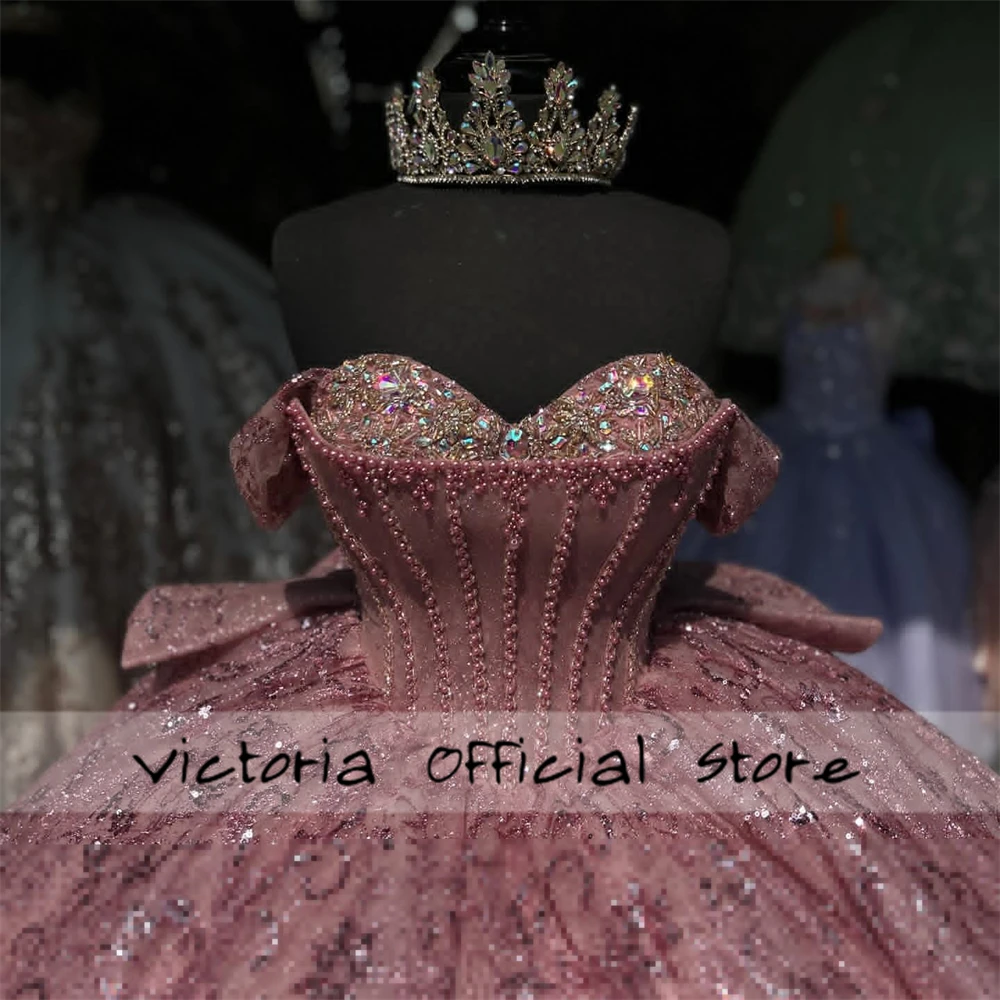 Vestido de quinceañera con lazo brillante Rosa rubor, vestido de baile con cuentas sin hombros, vestido de quinceañera Formal, vestidos de ocasión dulce 16, 2024