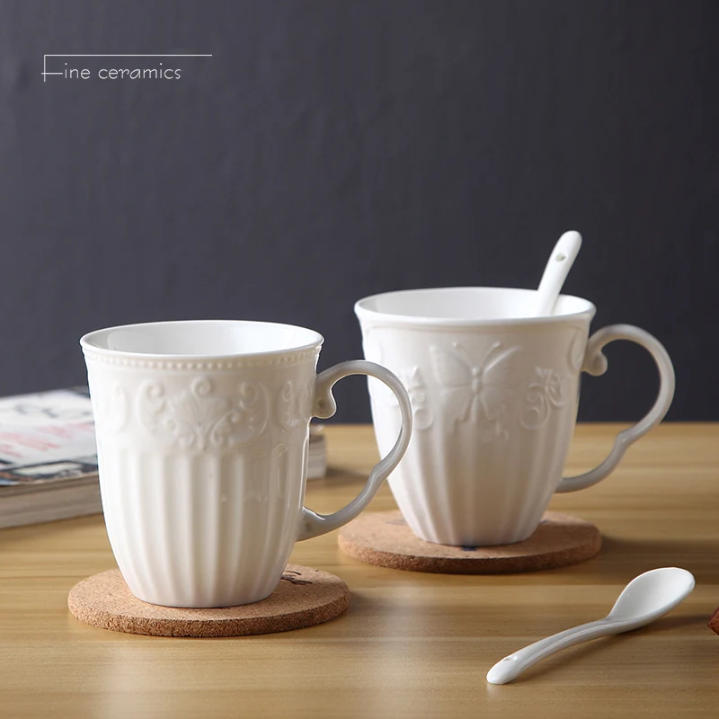 350ML, White Embossed Porcelain Coffee Mug, Vintage Tazas Cup, Ceramic Tea Mug Cute, Mugs Creative, Vaso Cafe Present