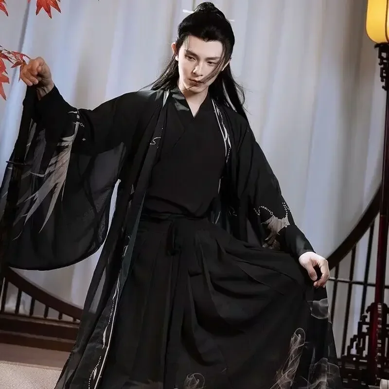 Комплекты Hanfu для мужчин, традиционный китайский винтажный принт Hanfu, костюм для косплея на Хэллоуин, древний черный Hanfu, комплект из 3 предметов, большие размеры 2XL