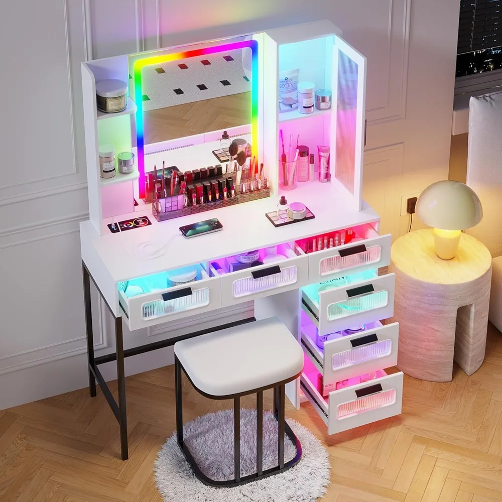 

White LED Vanity, Makeup Vanity with RGB Lights and 6 Drawers for Bedroom, Makeup Desk with USB/Wireless Charging