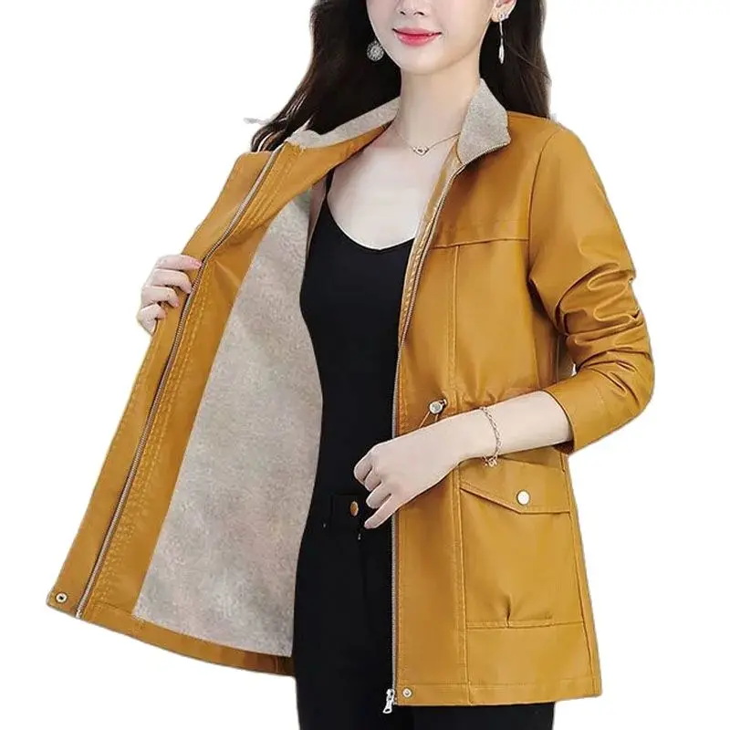 2023 Women High-grade PU Leather Mid-length Windbreaker Mother's Autumn Winter Coat Ladies Foreign-style Korean Slim Jacket Wear