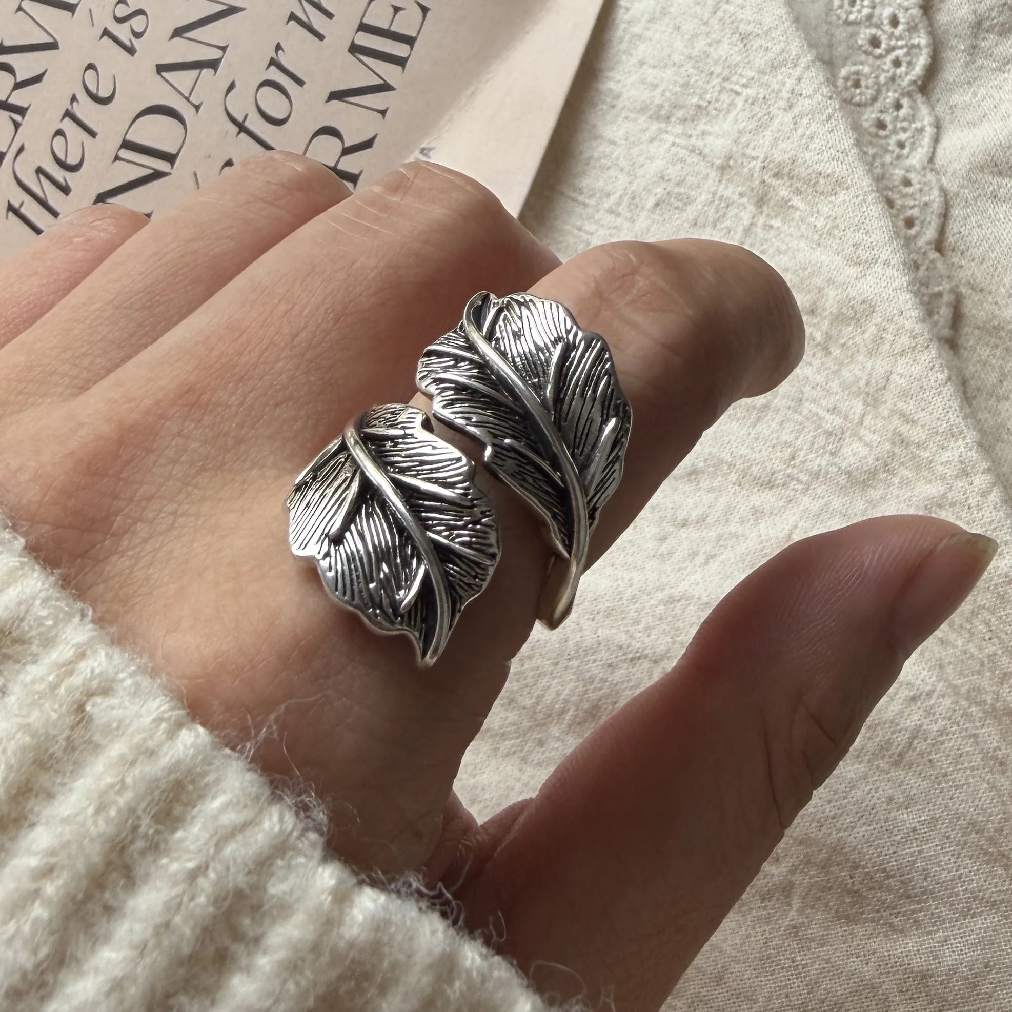 خواتم من الفضة الإسترليني عيار 925 للنساء مجوهرات رفيعة هندسية قابلة للتعديل على شكل ورقة شجر كلاسيكية كهدية لحفلات أعياد الميلاد #2