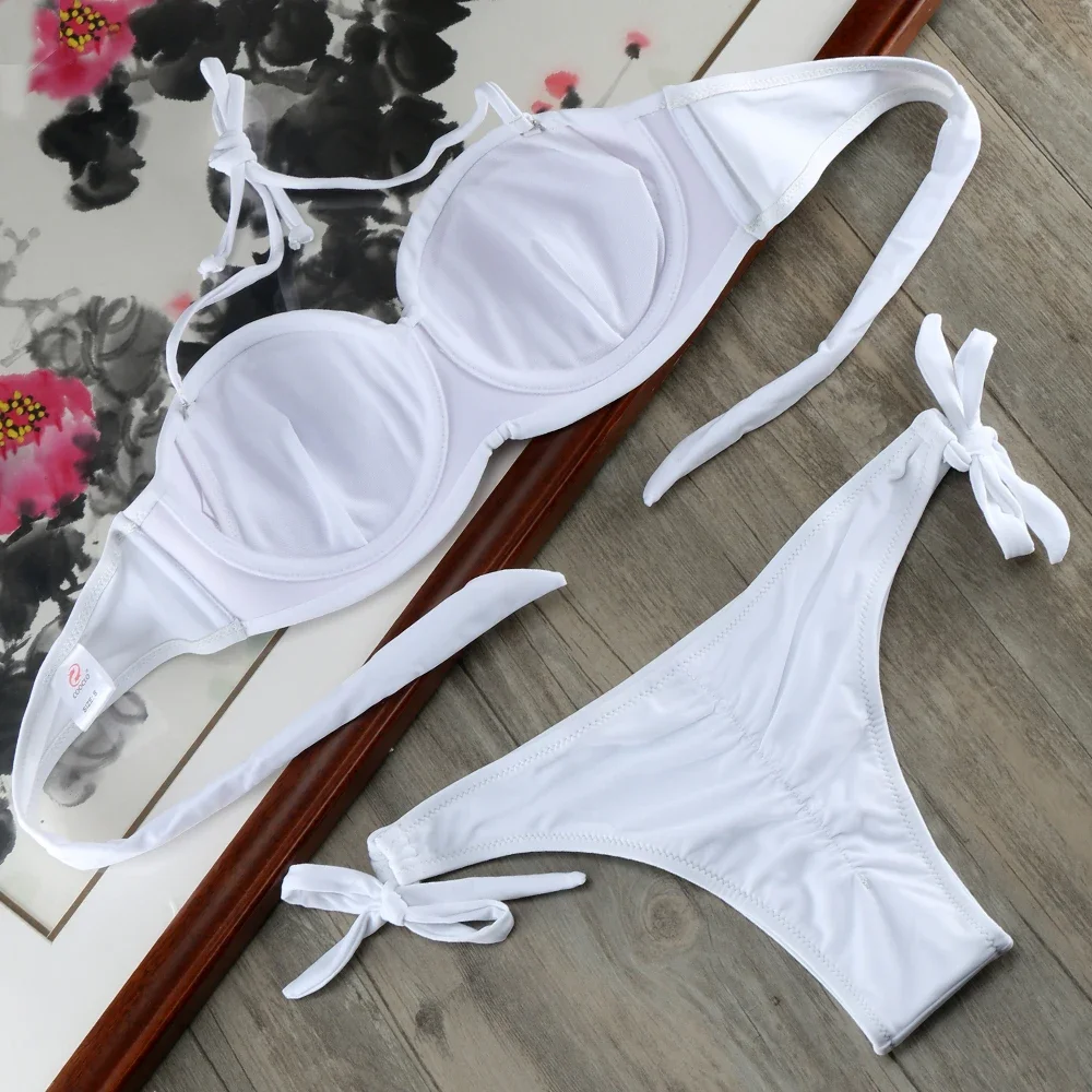 Bikini Solid Strappy Bandage Bikini Set White Push Up Bikini Swimwear Bandeau Brazylijski strój kąpielowy Strój kąpielowy Maillot De Bain