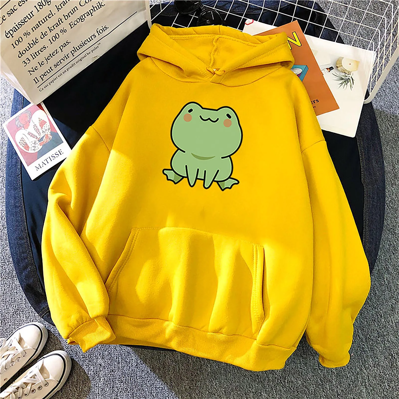 Women Cute Frog Print Hoodie Ladies Candy Colored Long Sleeved Fleece Hooded Student Loose and Casual Top