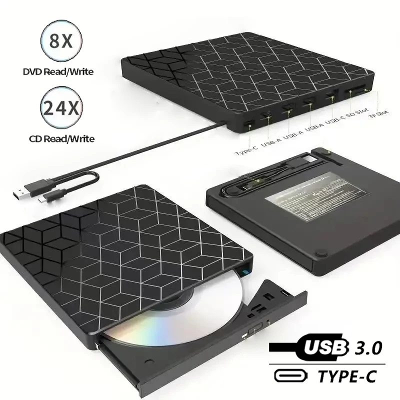 

7-in-1 USB 3.0 Type-c Portable Optical Drive External DVD RW CD Player Writer Burner Reader for IMacs PC Laptop Desktop Recorder
