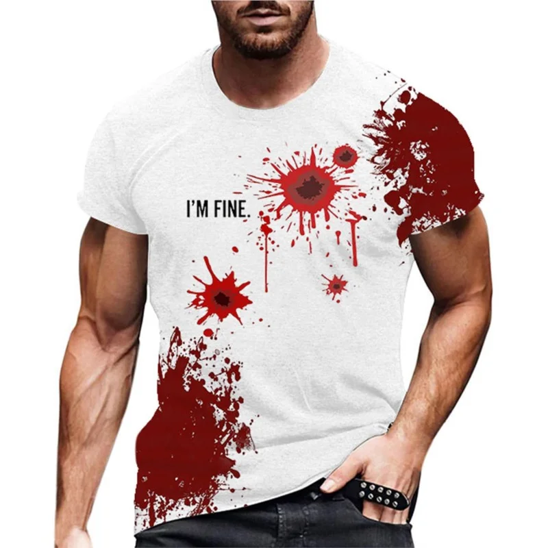 Terror Halloween Men's Blood I'm Fine Printed T Shirt Street Hip-hop Round Neck Short Sleeve Casual Funny Tee Shirts Tops