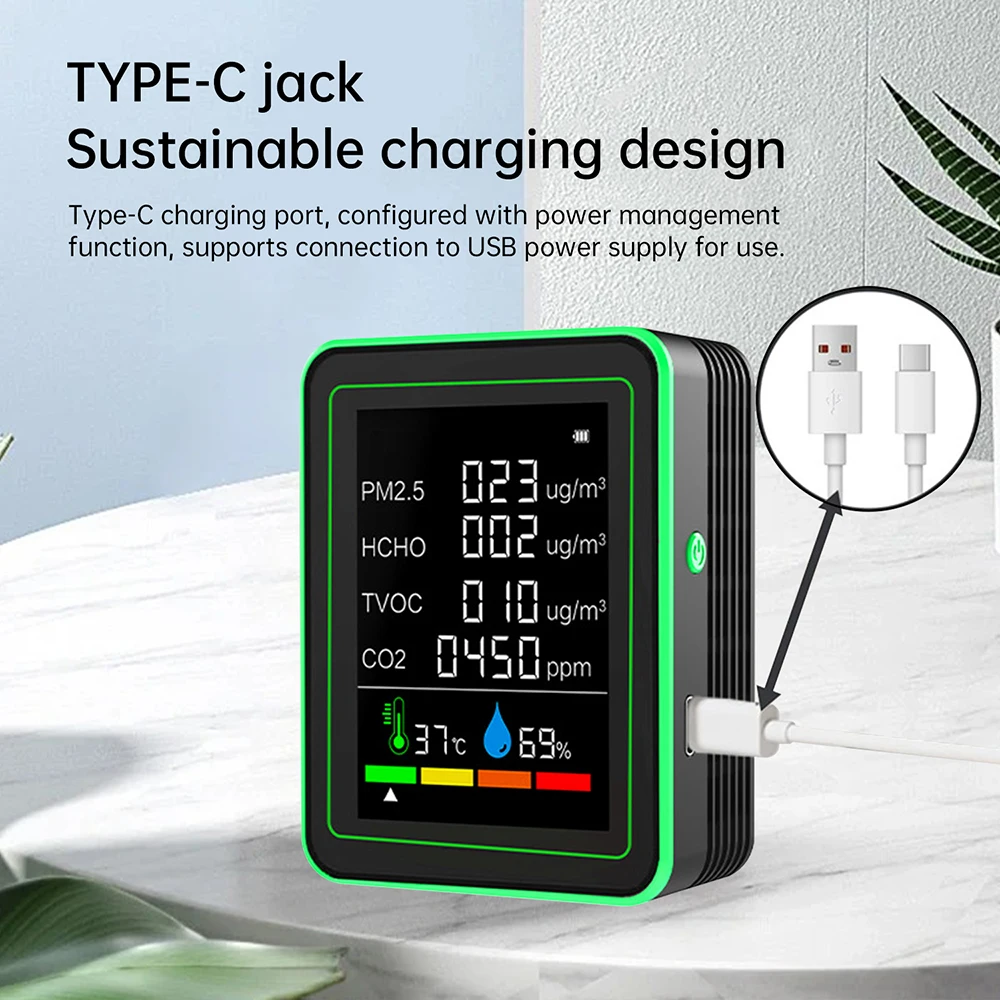 ใหม่ 6 In 1 Air คุณภาพเครื่องตรวจจับไดออกไซด์ CO2 HCHO TVOC PM2.5 อุณหภูมิและความชื้น Air คุณภาพสําหรับ Home & Office