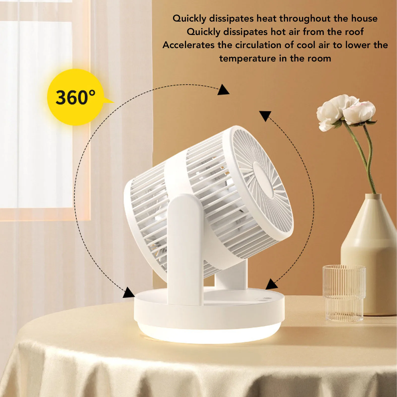 مروحة مكتب 3 سرعات قابلة للتعديل وقابلة لإعادة الشحن لسطح المكتب تتأرجح مع ضوء ليلي لغرفة النوم المنزلية باللون البيج والأسود