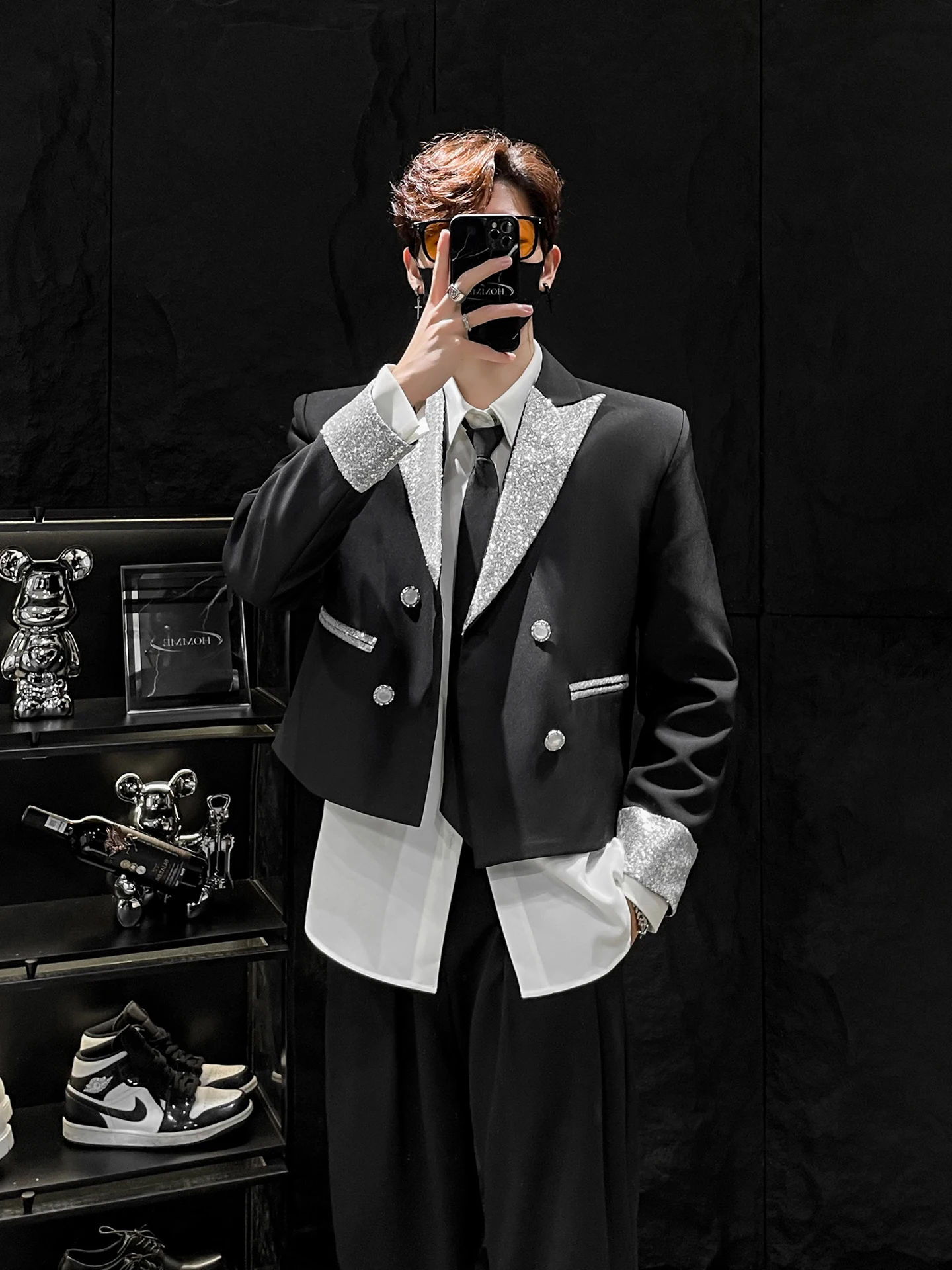 

ort Pad oulder Double Breasted Men's Suit Jaet Color Blo Sequin Splicing Casual Sle Chinese Brand Autumn Faion