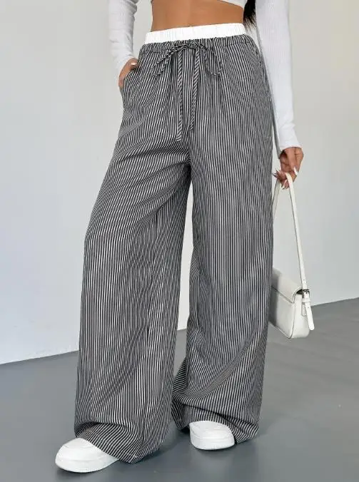 Pantalones informales a rayas con empalme contrastante para mujer, pantalones de pierna recta versátiles para uso diario, novedad de Otoño de 2025