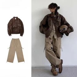 Korean style classic loose neutral brown leather jacket jacket for men and women Japanese loose straight overalls trendy brand