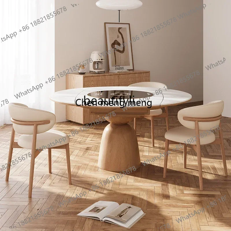 xxqFolding table Solid wood dining table Embedded turntable Induction cooker Dual-purpose retractable rock slab