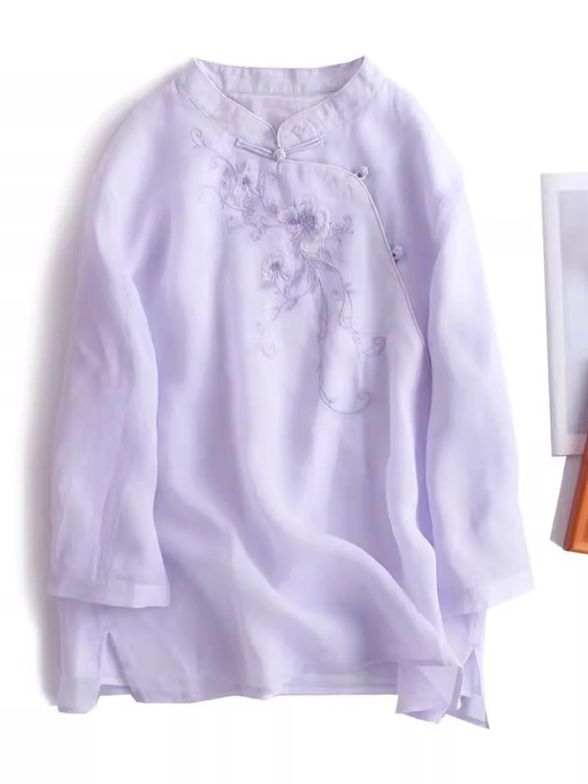 

Artistic Chinese Sle irt with Embroidery Flax Fabric Button up Collar f Sve Loose Fit for Women Spring Summer