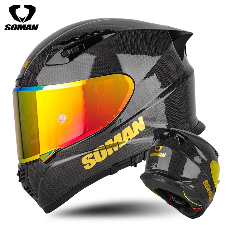SOMAN X7S Motorcycle Locomotive Carbon Fiber Double Lens Full Helmet Four-Season Warm Safety Helmet Cycling Helmet