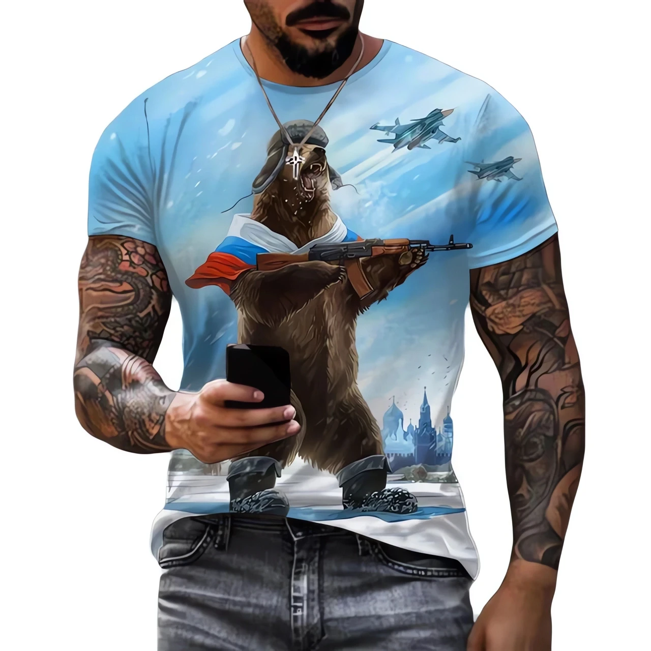 Russia Bear T-Shirts Russian Flag Emblem 3D Print Men Cool Fashion Oversized Short Sleeve T Shir Clothing