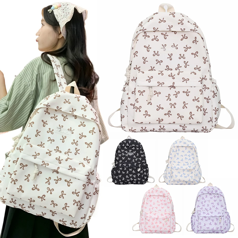 調節可能なストラップ付きデイパック ナイロン学生バックパック リボンプリント 女の子 女性 旅行バッグ かわいいナップザック リュックサック