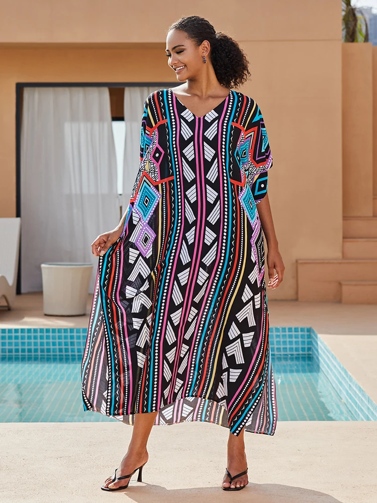 Sunforyou Plus size Kaftan Dress for Women Clolorful Print Beach Cover up Summer Lightweight Bohemian Dress Robe Loungewear