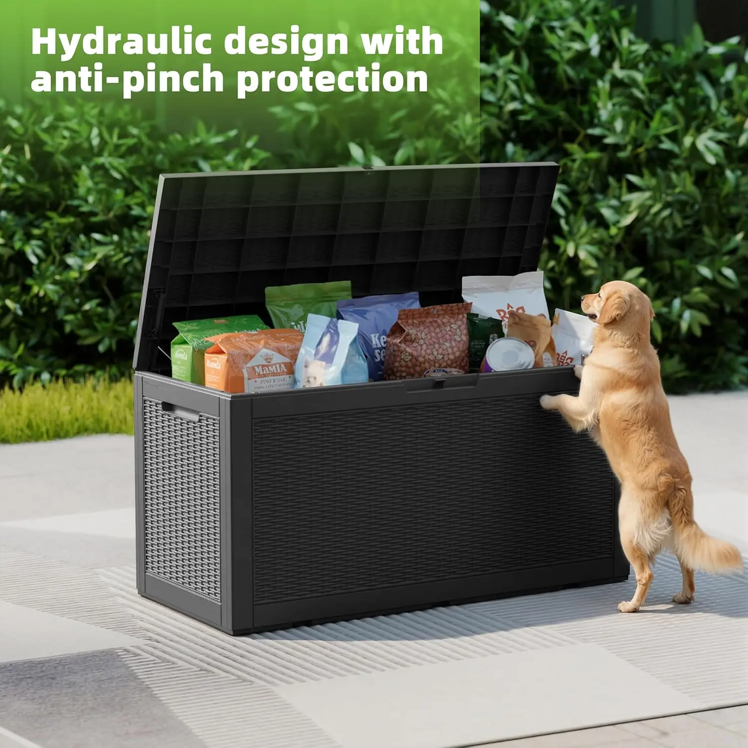 Caja de almacenamiento para exteriores de 120 galones, resistente al agua, resistente a los rayos UV, con varilla hidráulica, estabilidad reforzada para Patio