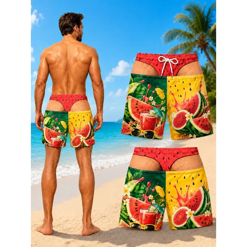 for Funny Watermelon Men's Swim Trunks with 3D Exposed Underwear Illusion Tropical Fruit Graphic Novelty Beach Shorts