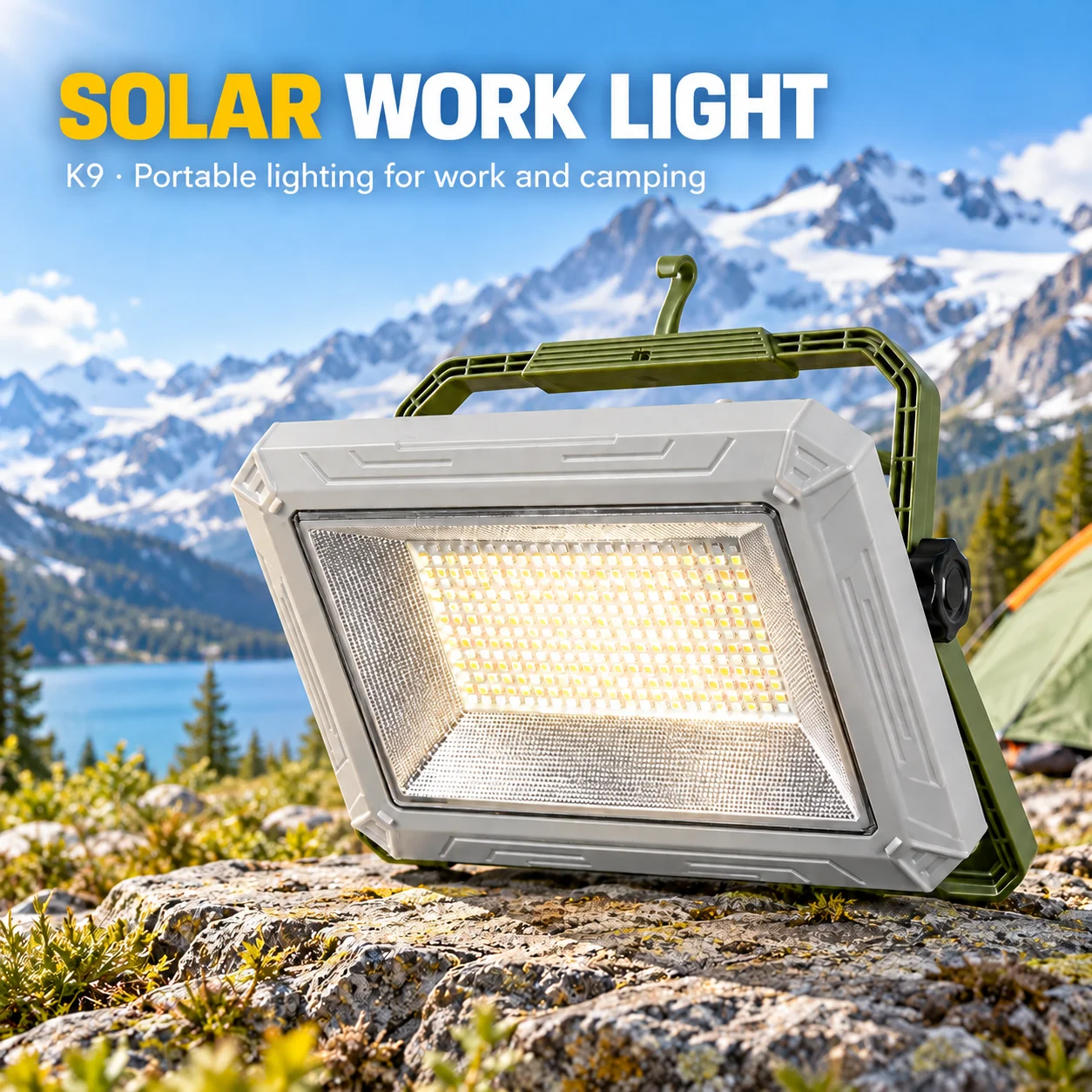 308個のled、2600ルーメン、ソーラー充電式キャンプランタン、13800mahの大容量バッテリー、充電式作業灯、デュアルソーラーパネル、9時間の連続使用時間、ipx6防水規格、屋外用緊急ライト。