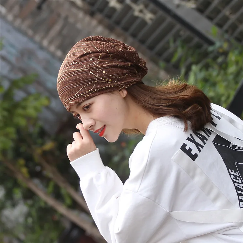 Female Spring Autumn Windproof Warm Confinement Cap Headscarf Women Summer Lace Rhinestone Breathable Sunscreen Sun Hat W54