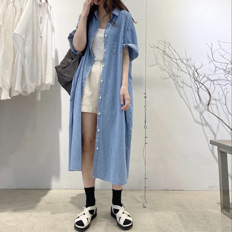 Loose Korean Style Denim Short Sleeve Long Dress Women's Fashionable Lazy Vintage Slimming Shirt Dress H-Shape Spring Autumn