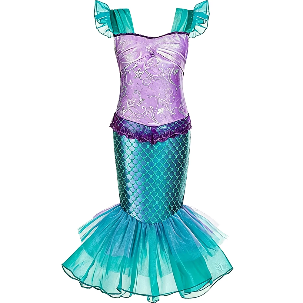Girls Mermaid Tail Princess Purple Dress With Crown Necklace Complete Accessories Set For Cosplay Carnival Birthday Party Stage