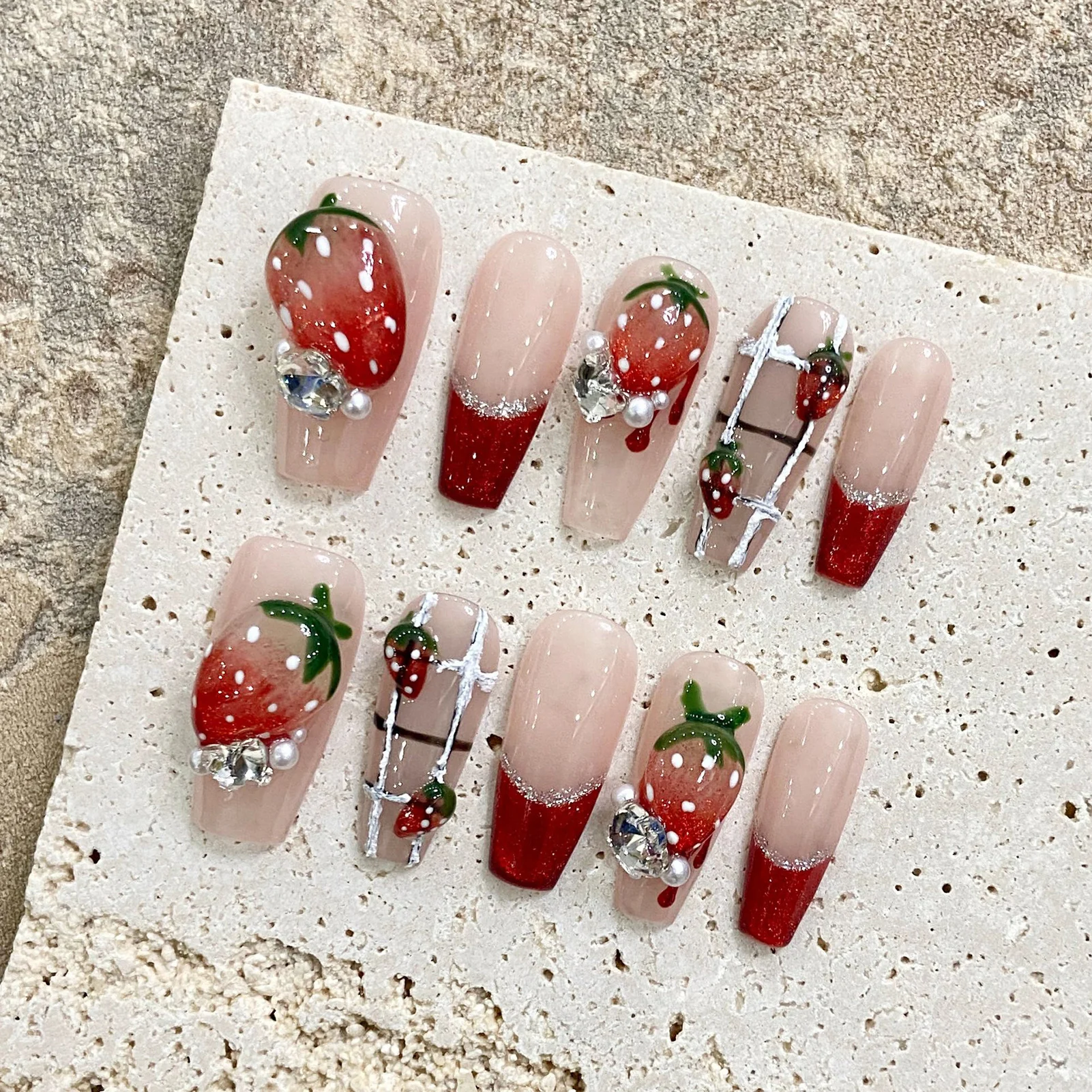 10pcs Handmade Fake Nails Long Red French Tip Press On Nails Ballet Wearable Rhinestones False Nails With 3D Strawberry Decor