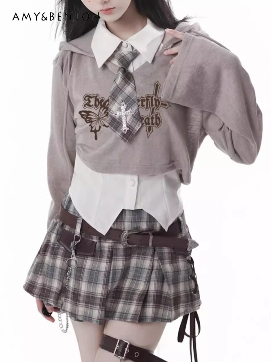 الأمريكية الرجعية Y2K الصيف تنورة مجموعات النساء الحلو كول مقنعين قصيرة طويلة الأكمام سترة قميص صغير منقوشة تنورة ثلاث قطع مجموعة